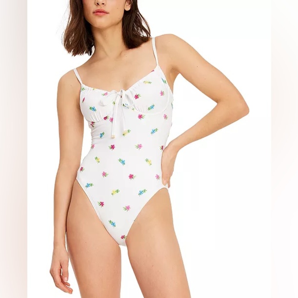 Kate Spade M White Embroidered Floral One Piece Swimsuit W/ Cinch Drawstring NWT
